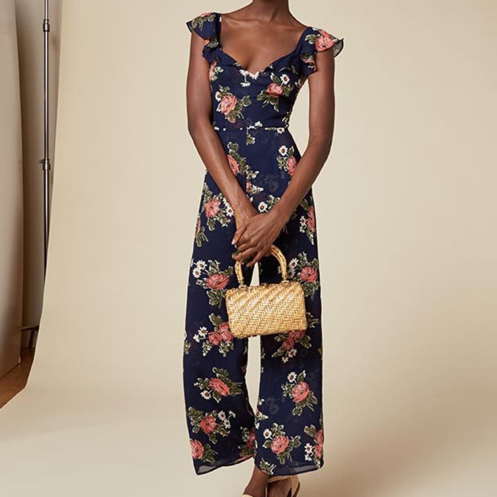 Reformation Navy Floral Jumpsuit with Pink Rose Print